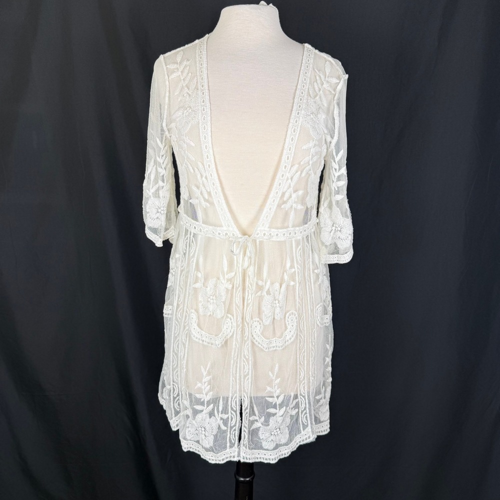 Cream Lace Tie Front Romantic Boho Duster Jacket Est. Sz M Festival Fairy